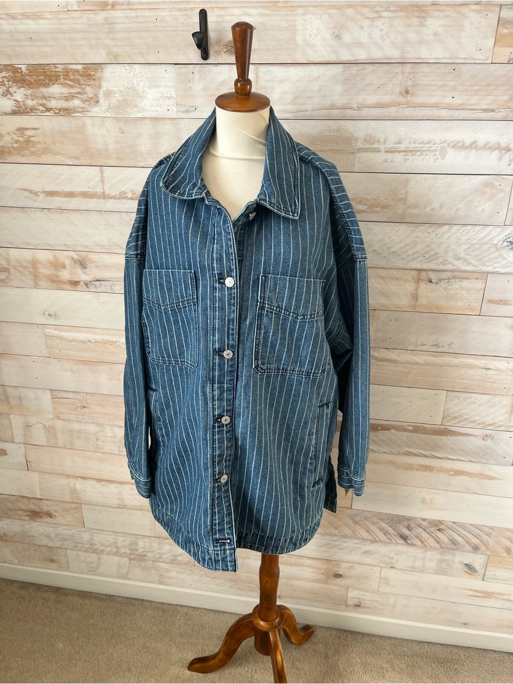 NWT Free people size XL Madison city pinstripe denim jacket - Picture 3 of 12